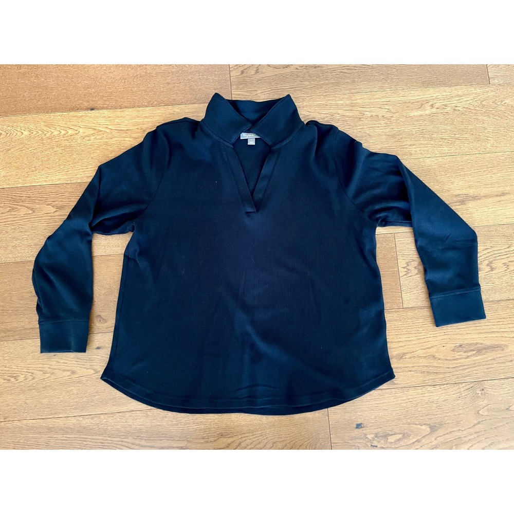 Style & Co Ribbed Pullover Shirt Women's Large Black V-Neck Long Sleeve Stretch